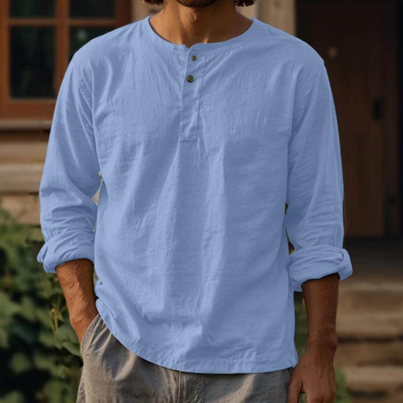 Pánská přeshraniční nová bavlněná a lněná jednobarevná košile s dlouhým rukávem tričko kulatý výstřih cross-clothing knoflíky dva knoflíky len