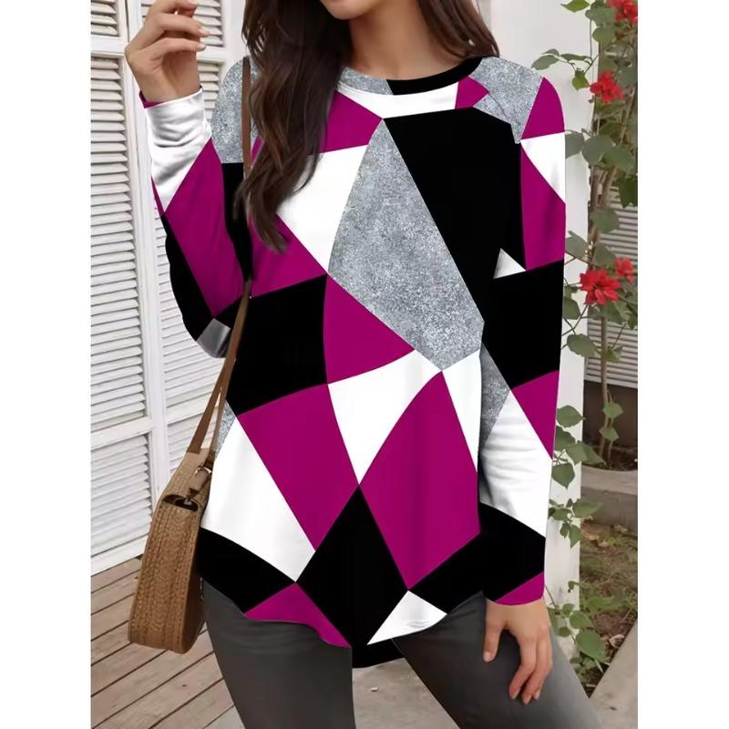 Autumn Fashion Women's Graphic Geometric Abstract O-Neck Long Sleeve T-Shirt Casual Tops Womens Clothing Harajuku Pullover
