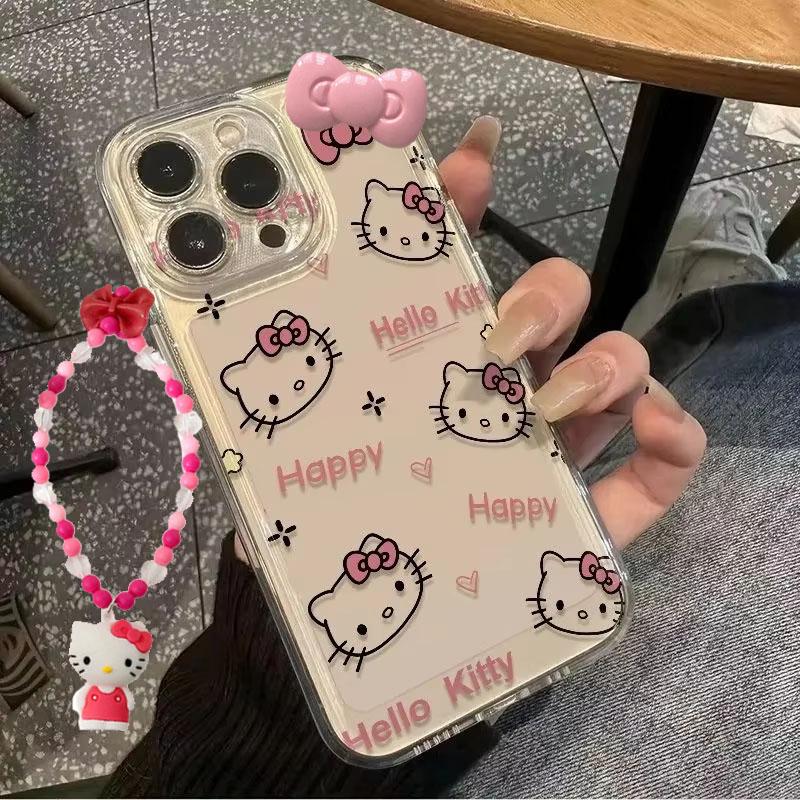 

Чехол для телефона на весь экран Hello Kitty KT с бантом для iPhone 16 15 14 13 Pro Max 11 12 13 Pro X XR 7 8 Plus милый девчачий Y2K чехол For iPhone 7 8 SE