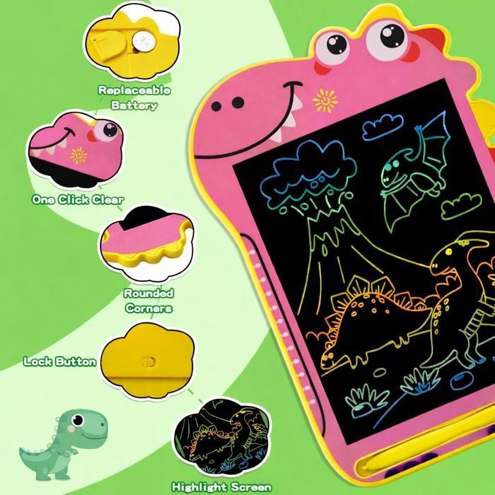 Tablette Dessin Enfant LCD 8,5 Pouces Dinosaure Lot Rose et Verte Ardoise Magique Jouet Educatif
