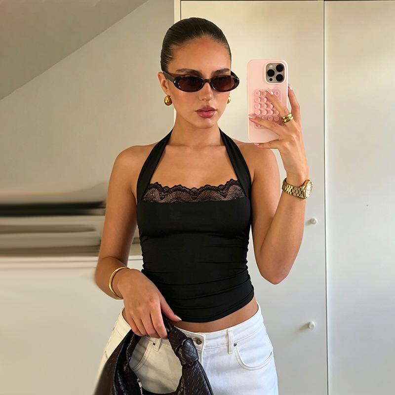 Summer sexy camisole for European and American hot girls, slim-fit sleeveless outerwear with lace splicing and halter neck design S чёрный