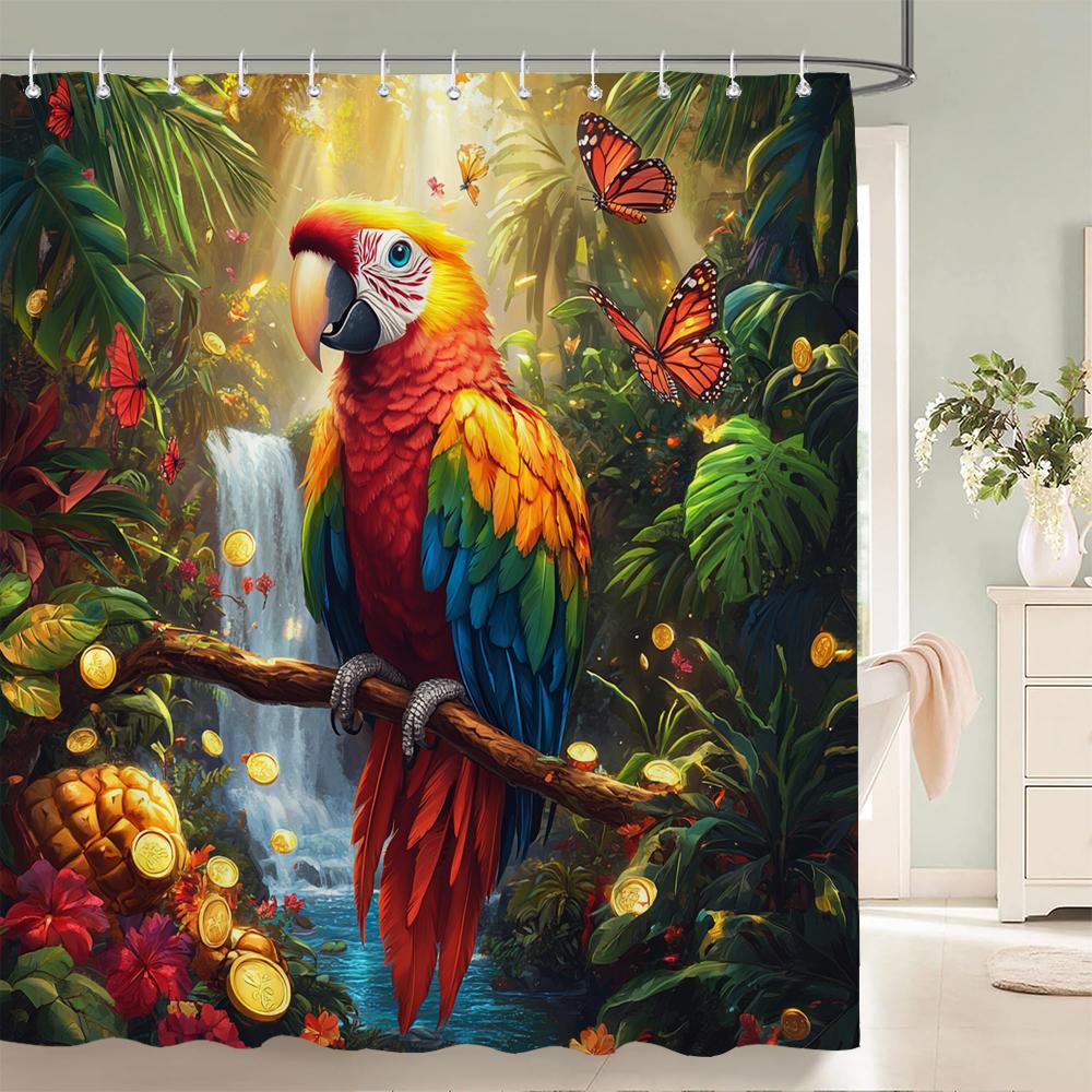 Tropical Plants, Flowers and Birds Shower Curtain for Bathroom Plant and Floral Decorative Shower Curtains with Hooks