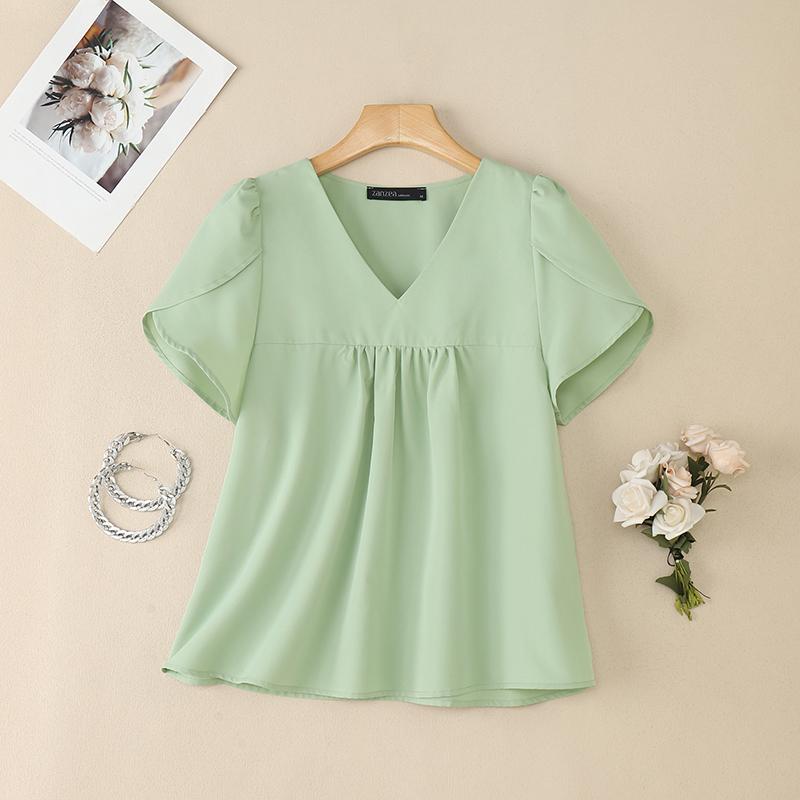 ZANZEA Dámská letní ležérní halenka s krátkým rukávem a výstřihem do V