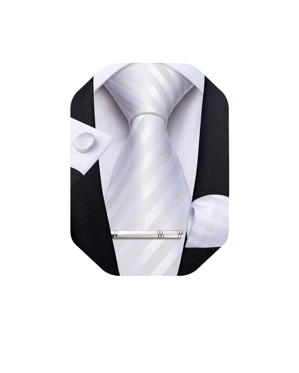 [DiBanGu] Wedding Tie Set: White Tie, Pocket Square, and Tie Clip with Gift Box