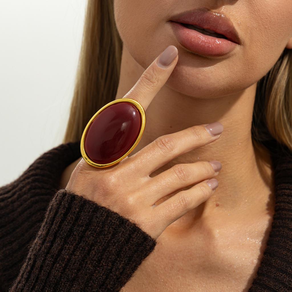 Retro Exaggerated Geometric Oval Red Imitation Gemstone Resin Earrings Rings Set for Women Fashion Party Jewelry Sets Accessory
