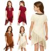 Girls Southwest Fringe Dress Native Inspired Short Sleeve Tassel Hem Irregular for Themed Stage Dance Wear