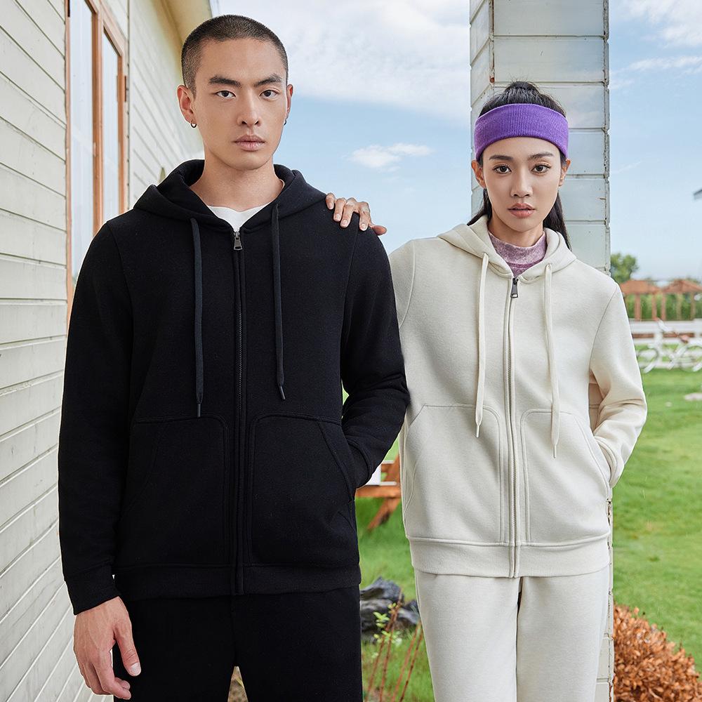 Men's Casual Solid Color Fleece Lined Hooded Sweatshirt - Warm, Versatile Loose Fit with Drawstring and Zipper.