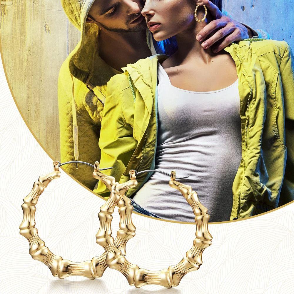 Bamboo Texture Large Round Hoops Retro Design Bamboo Pattern Earrings Party Accessories