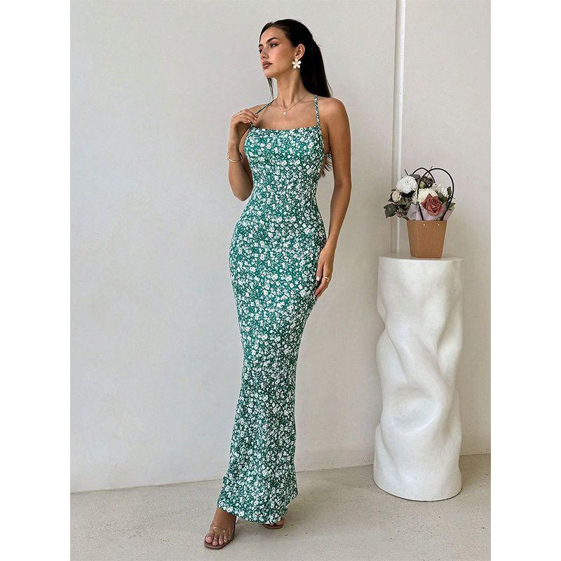Halter Backless Floral Dress Sweet Fresh Sling Open Back Floral Vacation Style Dress
