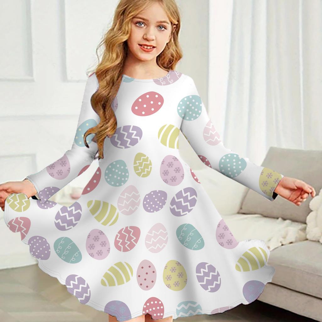 Mädchen Casual Kaninchen Druck Rundhals Langarm Kleid Kind Prinzessin Kleid