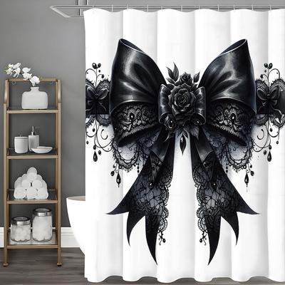 Schwarze Schleife Blumenduschvorhang, Dekorativer Duschvorhang für Badezimmer, Wasserdichter Duschvorhang mit Haken