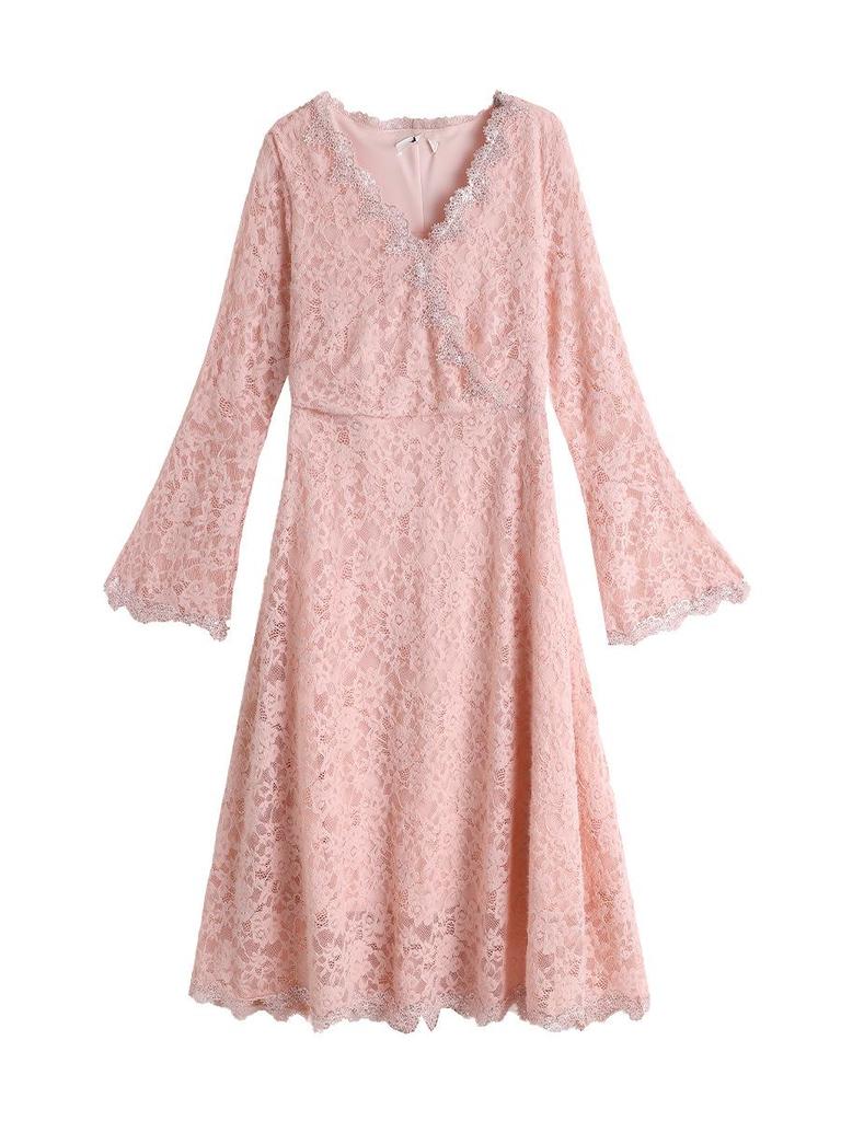 Plus Size Women's French Lace Dress, Long Sleeve, Waist-Cinched, Elegant and Slimming, Fits 130-300 Jin