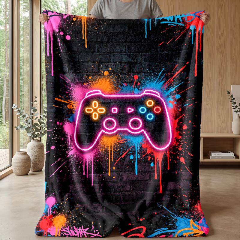 Neon Game Controller Art Theme Blanket Lightweight Warm Flannel Blanket Decorative Throw Blanket for Home Decoration
