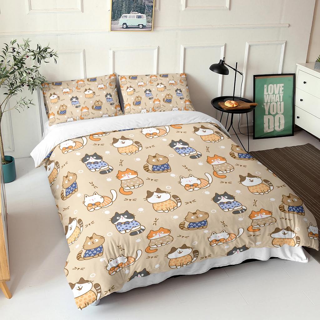 Kawaii Cat Duvet Cover Set for GirlsCute Cartoon Animal Kitten Bedding Set Lovely Romantic Theme Soft Comforter Cover Full Size