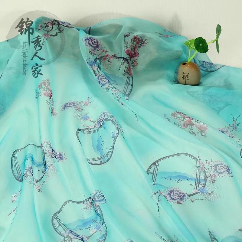 Hedvábný šátek dekorativní 30D Tištěný šifon Inkoustová malba Čínský styl Látka Starobylý kostým Hanfu Sukně Gáza Gázová oděvní látka