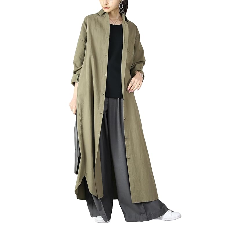 

[And It] 4type long sleeve shirt dress 100% cotton ladies wide body shape cover Haori M Khaki/Basic A/long