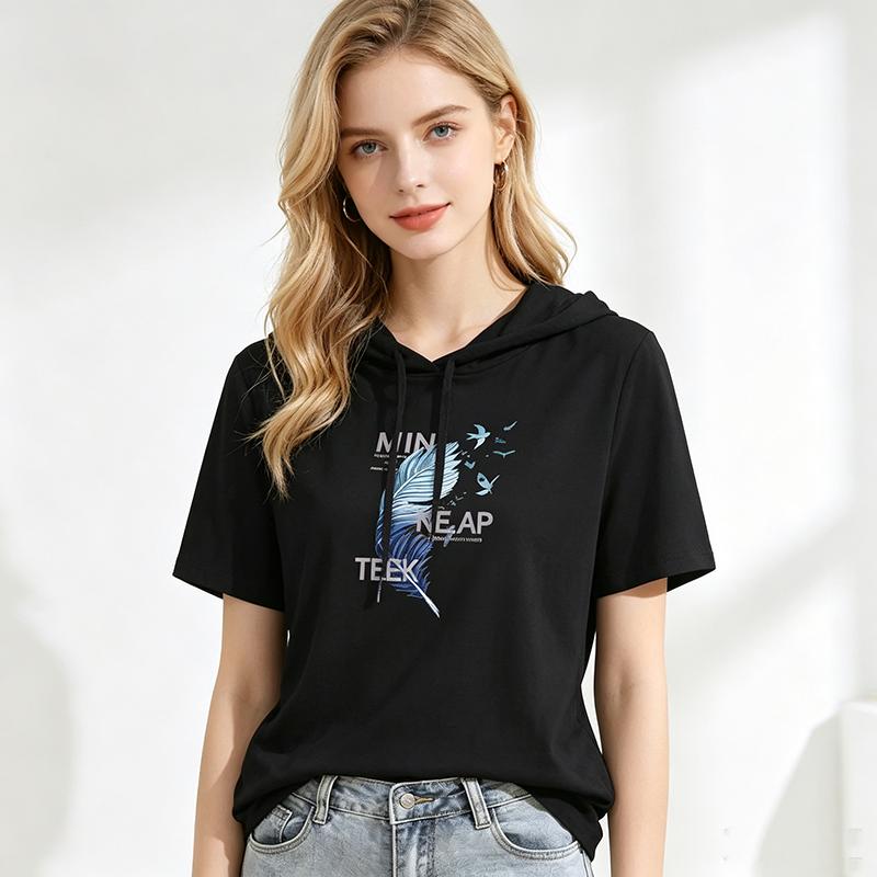 Women Hooded Short Sleeve T-Shirt Women Butterfly Print Drawstring Loose Casual Hoodie Top