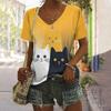 Women's T Shirt Summer Cat Print Casual Short Sleeve V-Neck Tee Fashion Streetwear Female Oversized Clothing