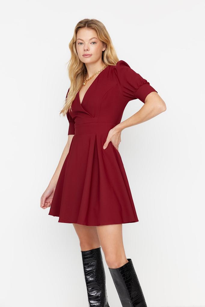 Women's Style Dress Black Double Breasted Neck Skater Mini Woven Dress with Opening Waist