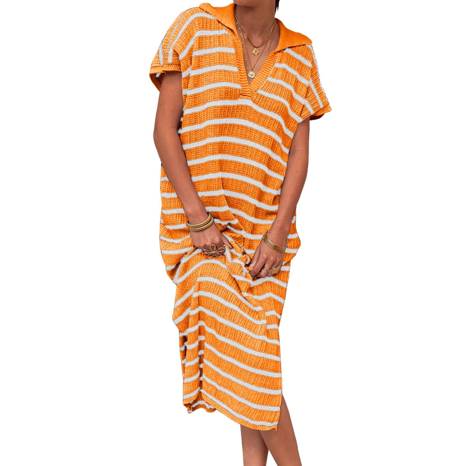 

Женская мода V-образный вырез в полоску с низким разрезом лацкан длинный свитер повседневные платья S оранжевый