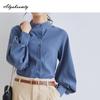 Korean Fashion Spring Autumn Women Blouse Stand Collar White Black Blue Khaki Loose Casual Shirt Lantern Sleeve Stylish Elegant Blouse