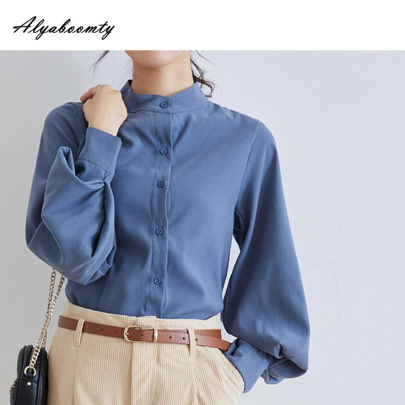 Korean Fashion Spring Autumn Women Blouse Stand Collar White Black Blue Khaki Loose Casual Shirt Lantern Sleeve Stylish Elegant Blouse