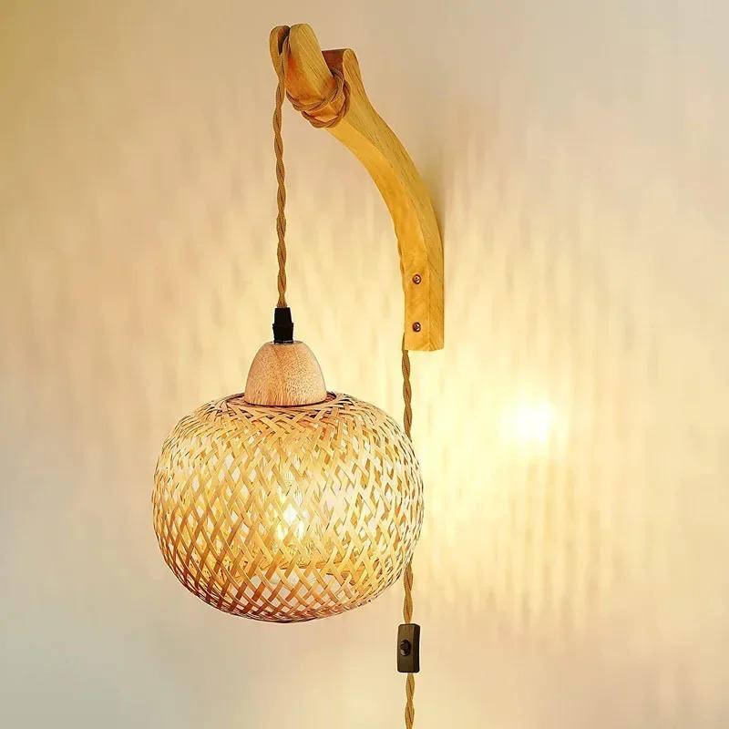 EU Plug-in Vintage Wabi-sabi Bamboo Woven Bedside Wall Lights Dining Room Ceiling Hanging Lamps Bedroom Farmhouse Rural Indoor