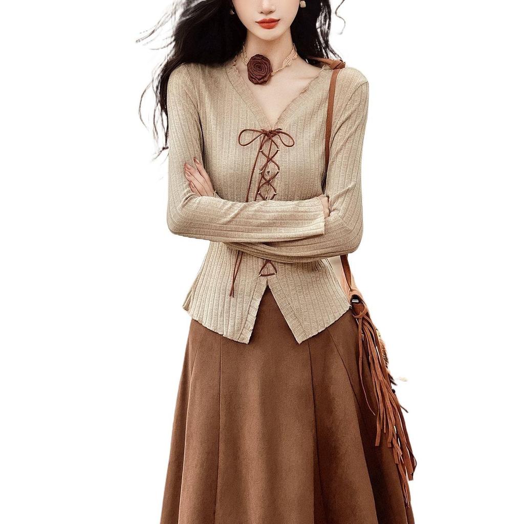 Women's Slim-Fit Knit Top & Long Velvet Skirt Two-Piece Set for Spring & Autumn