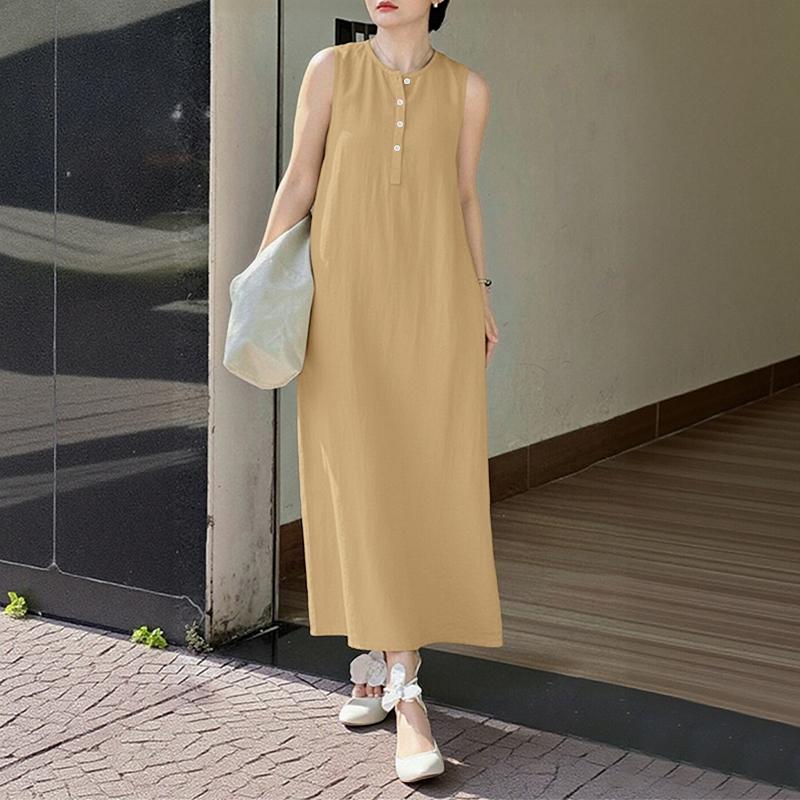 ZANZEA Lässiges, ärmelloses Kleid mit Rundhalsausschnitt und einfarbigem Muster für Damen