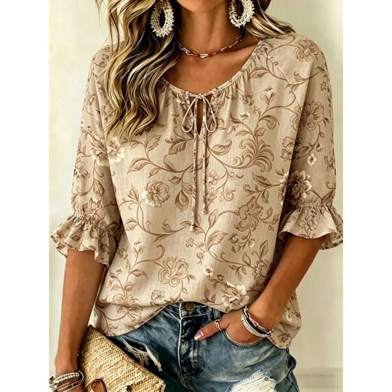 Women's Tie Keyhole Neck Blouse, Khaki Vintage Brown Scroll Floral Allover Print, for Spring Summer Daily Outfits