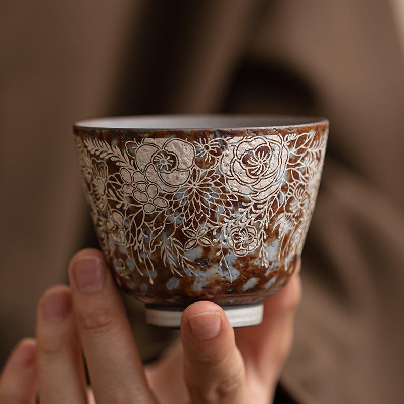 Old Rock Mud Teacup Flower Gilded Silver Master Cup Chinese Kung Fu Teaware Set Stoneware Retro Japanese Ceramic Mugs Drinkware
