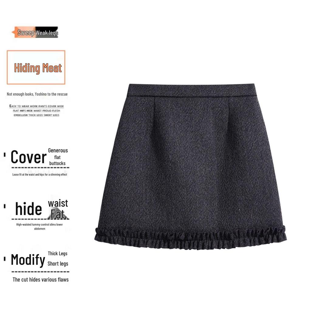 Women's Plus Size Grey Wool Ruffle Trim Half Skirt, Thick A-line Mini Skirt Pants for Spring/Autumn