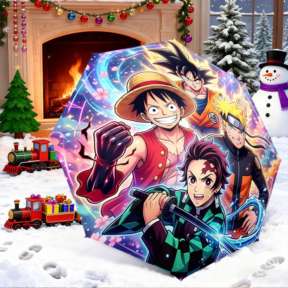 Windproof Umbrella Anime Heroes Goku Luffy Naruto Tanjiro Cosmic Print, Manga Rain Gift for Fans