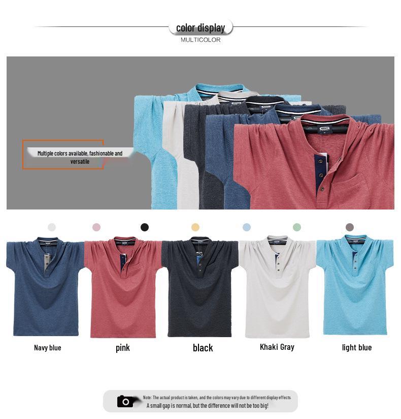Pánské letní bavlněné tričko s krátkým rukávem nadměrné velikosti 7XL s kapsou, otevřeným límcem a knoflíky