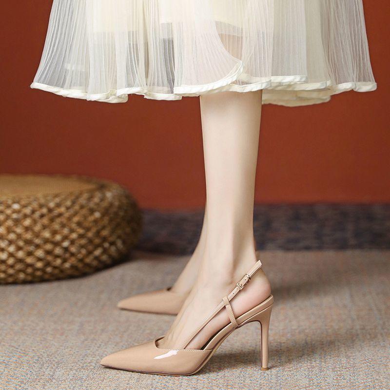 Women's shoes spring and summer 2025 new pointed fashion temperament high heels stiletto nude patent leather one-word sandals