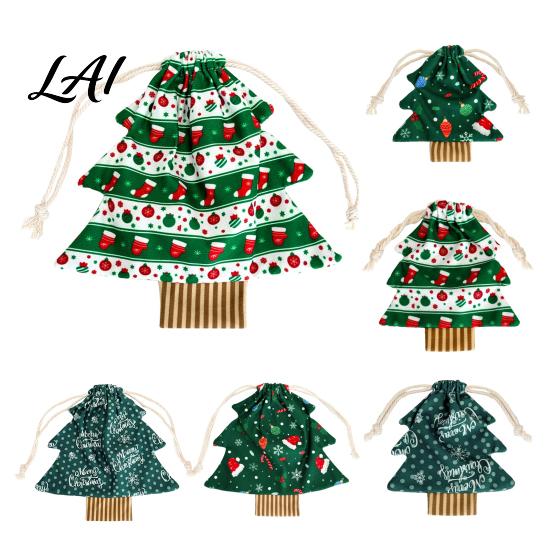 Festive Hanging Ornaments Christmas Tree Shaped Gift Bags with Drawstring Reusable Holiday Fabric Bags Winter Goodie Storage Pouches for Present