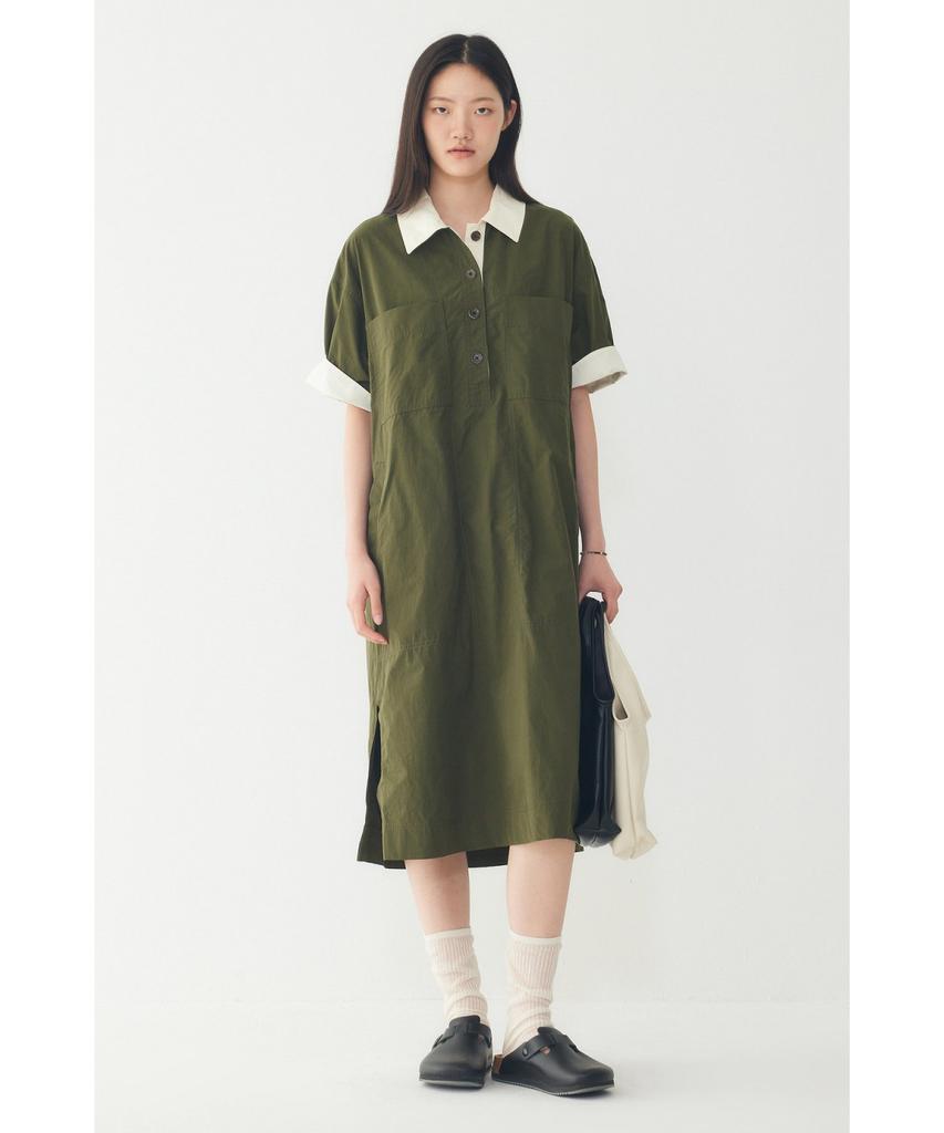 STUDIO TOMBOY Color Block Collared Short Sleeve Dress_Dark Khaki 9176241983