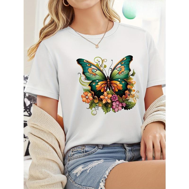 European Size Flower Butterfly Print Pure Short Sleeve S белый
