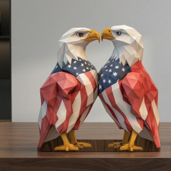 Tabletop 2D Wooden Bald Eagle Figurine, 4th of July Patriotic Eagle Statue with Base for Independence Day Home Table Decor