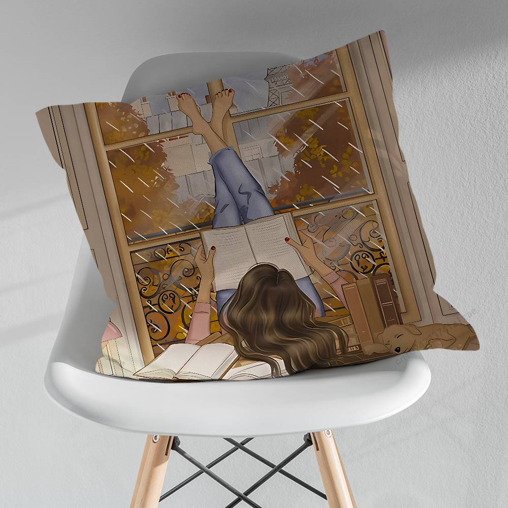 Read Book illustration Pillowcase for Sofa Room Office Decor Printing Merchandise AllMatch Cushion Cover