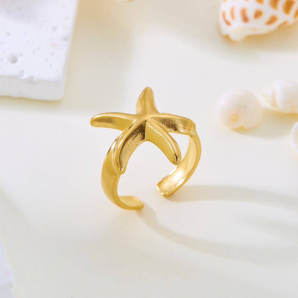 Edelstahl Schale Seestern Ringe Für Frauen Männer Vintage Goldfarbe Blume Geometrisch Verstellbarer Ring Sommer Strand Schmuck Geschenk
