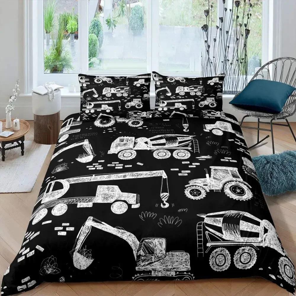 Construction Vehicles Boys Excavator Duvet Cover Yellow Tractor Truck Bedding Set for Teens Child Old Retro Car Theme Room Decor