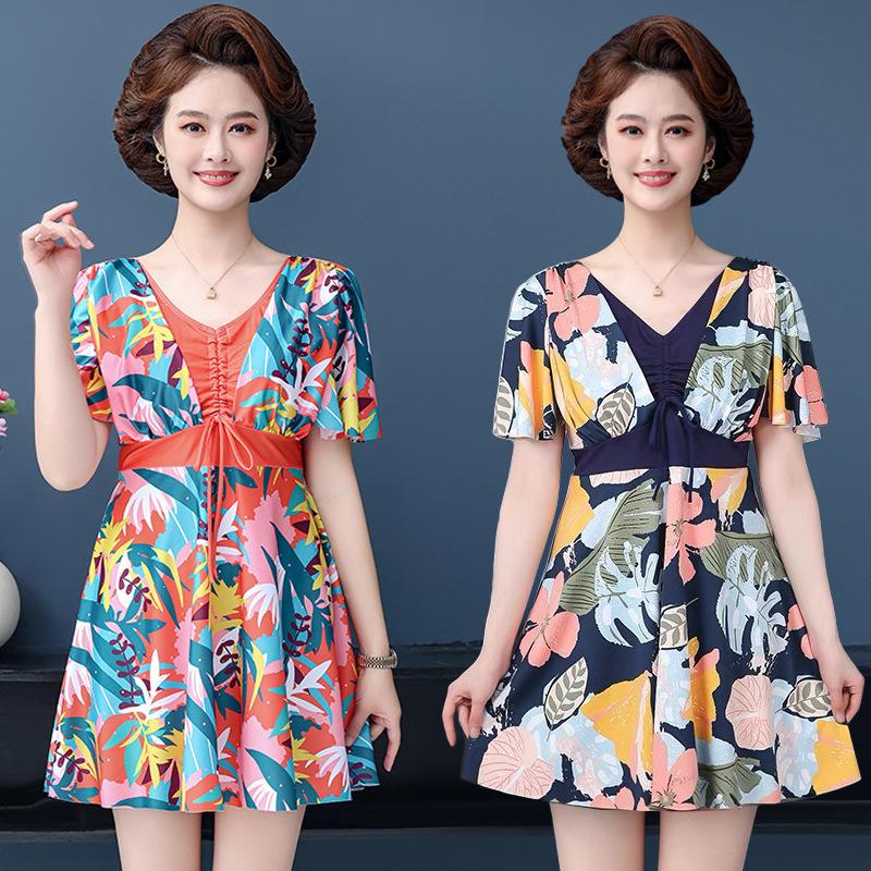 Large Size Middle Aged Women Two Pieces Modest Swimsuit Printed Drawstring Swim Dress Boyshorts Swimwear Set Short Sleeves Hot Spring Bathing Suit
