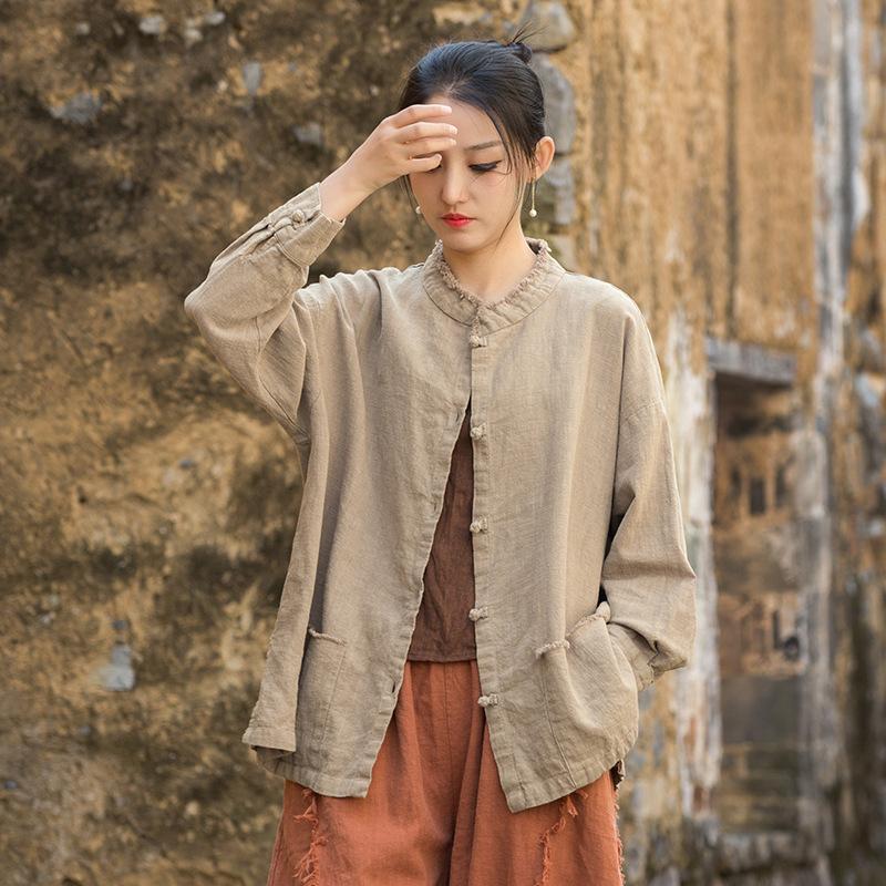

Johnature Women Vintage Chinese Style Spring Autumn Button Solid Color Pockets Coats One Size