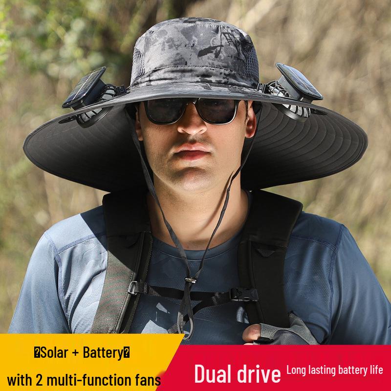 Solar-Powered Wide Brim Fishing Hat with Sunshade, Long-Lasting Battery Fan, and High Wind Power for Men.
