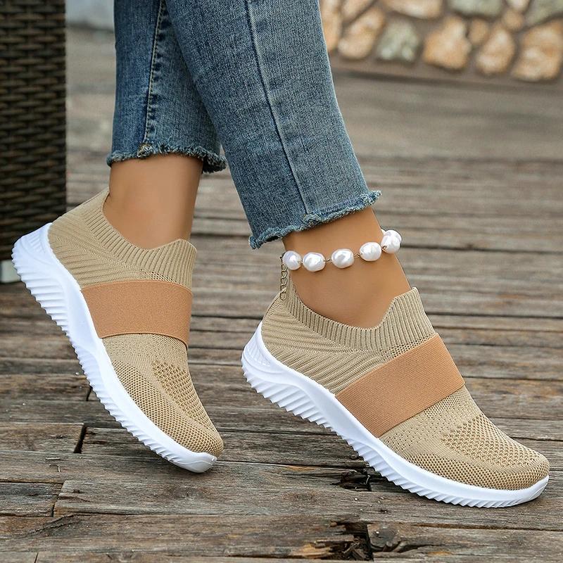 Spring Summer Casual Knitting Sneakers Women Slip On Breathable Mesh Flats Woman Comfortable Non Slip Thick Sole Running Shoes