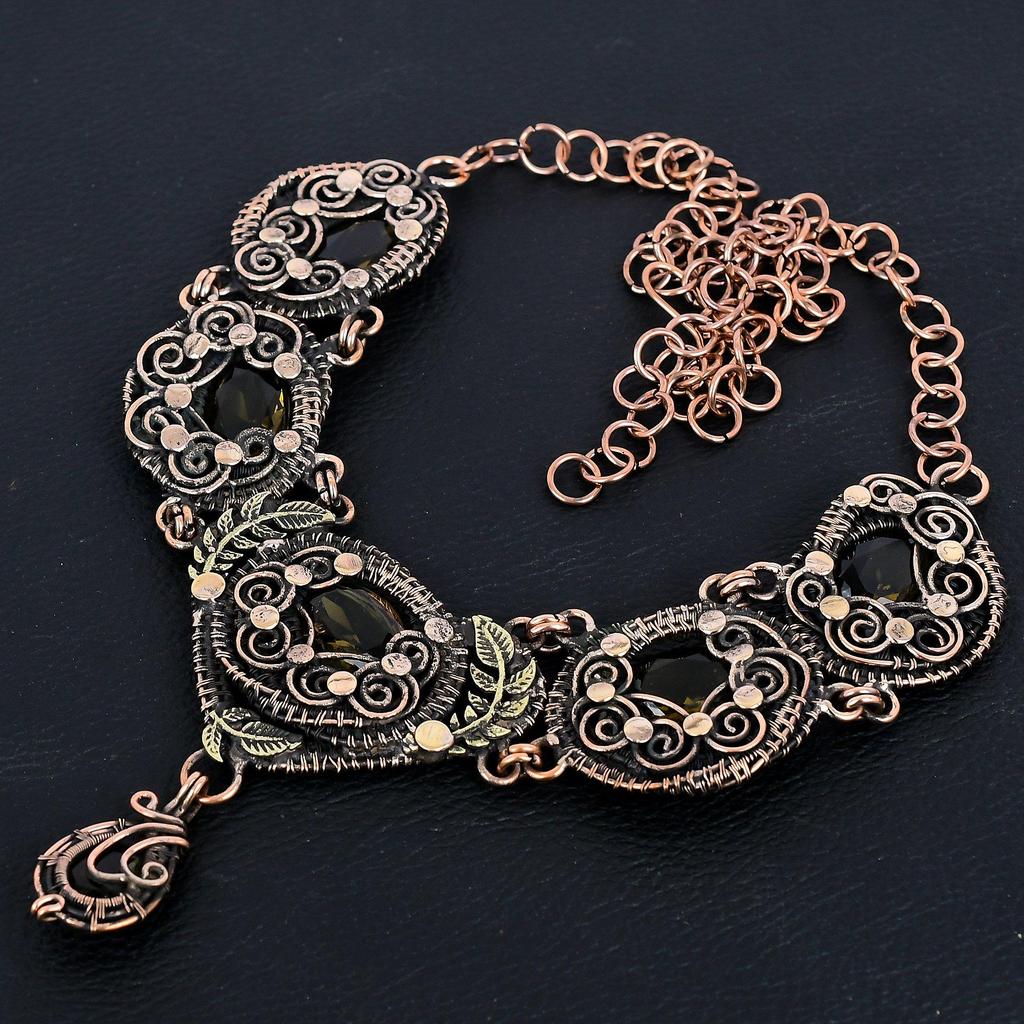 Smoky Topaz Necklace Gemstone Jewelry, 999 Copper Wire Wrapped Adjustable Chain Necklace, Gift For Women Handmade Necklace
