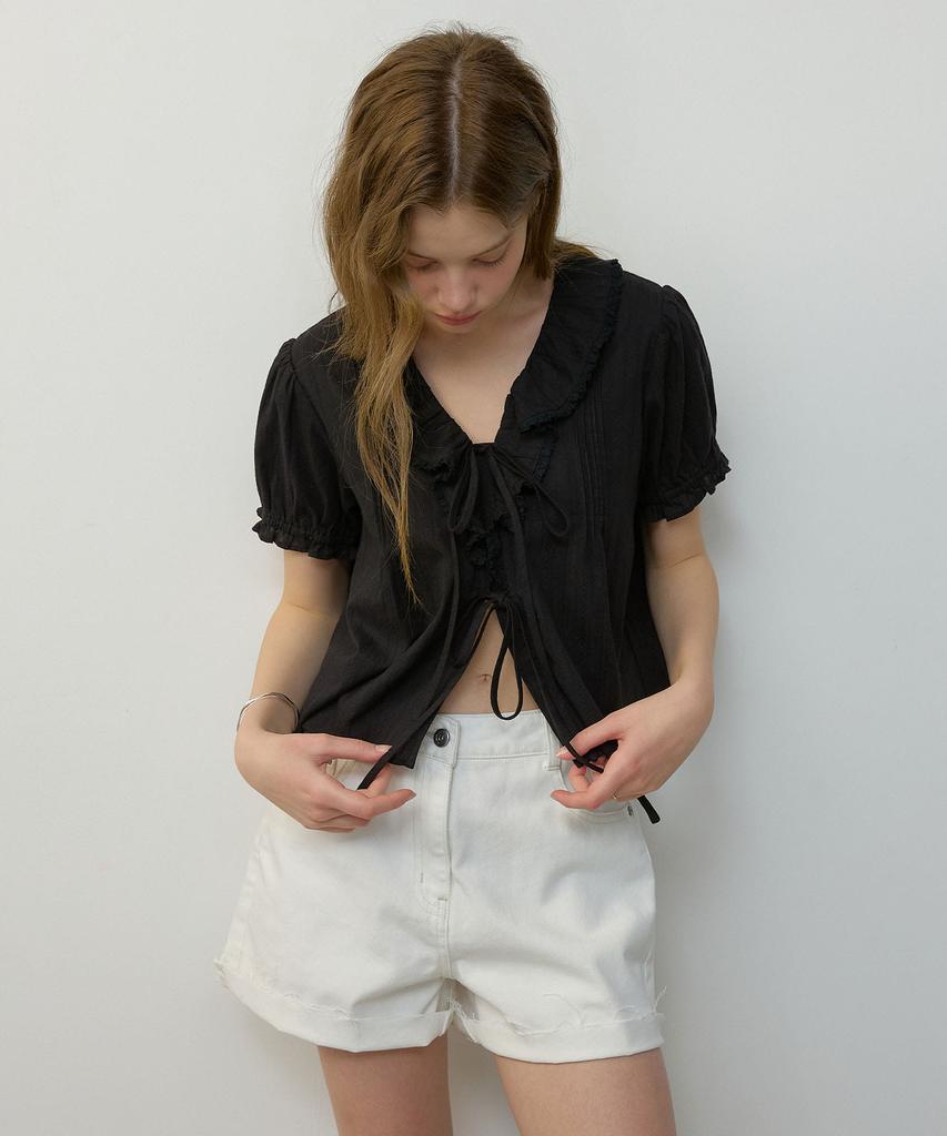 CITYBREEZE Frill V-Neck Short Sleeve Blouse_Black