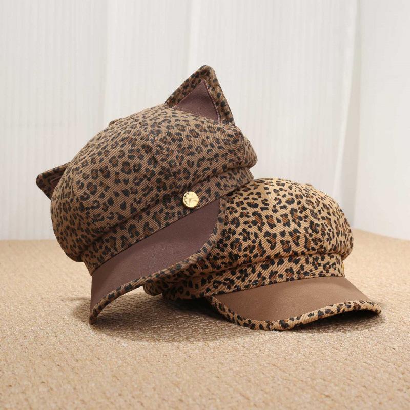 American retro leopard print kitten ears octagonal hat fashion spice girl style millennial style niche fashion versatile newsboy hat