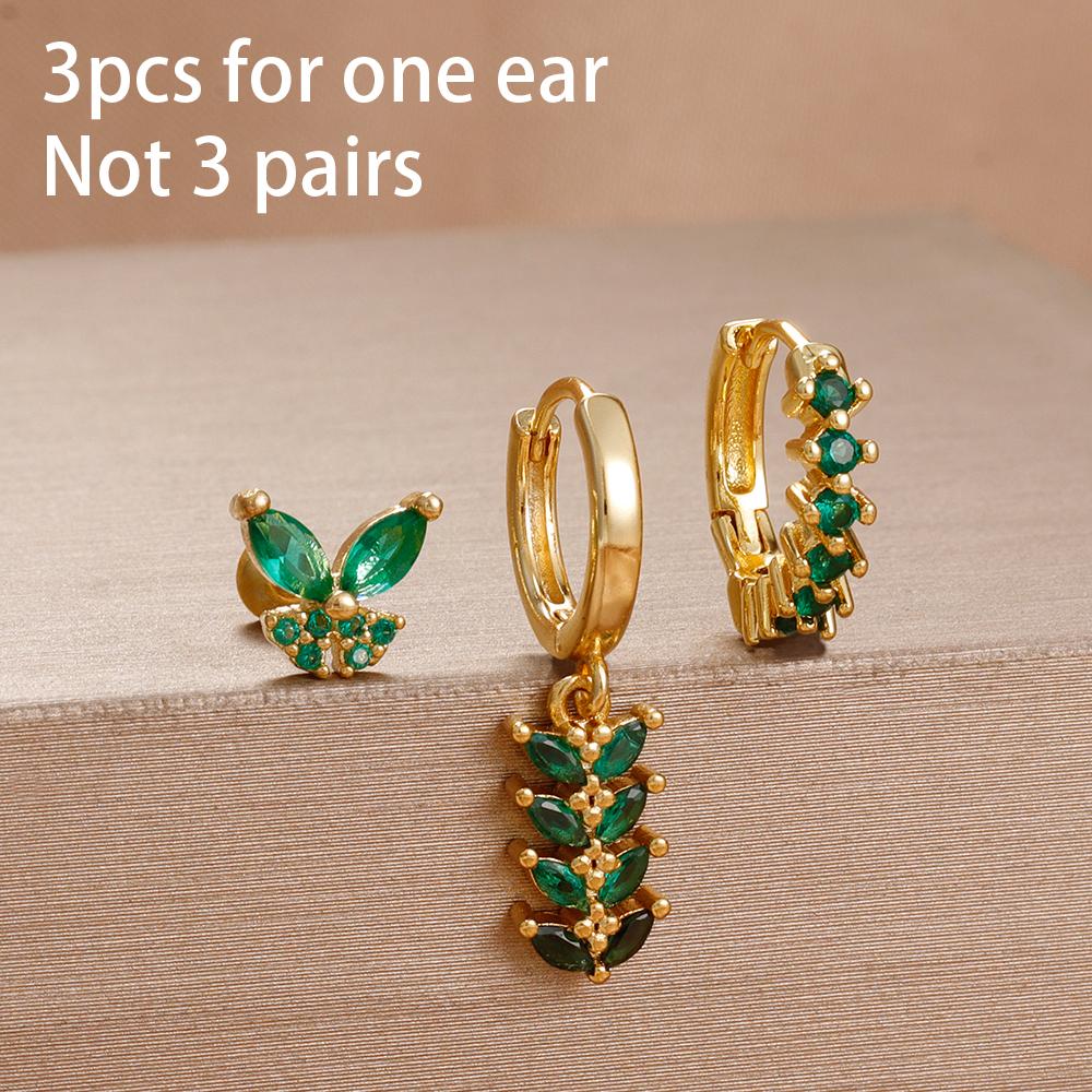 3PCS Exquisite Green CZ Zircon Water Drop Gold Color Earrings Set for Women Dainty Stackable Piercing Earring Luxury Jewelry